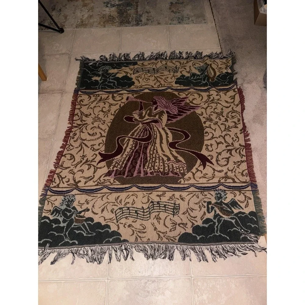 Vtg Sugar Grove Weavers Angel Woven Jacquard Tapestry Throw Blanket Fringe 90s